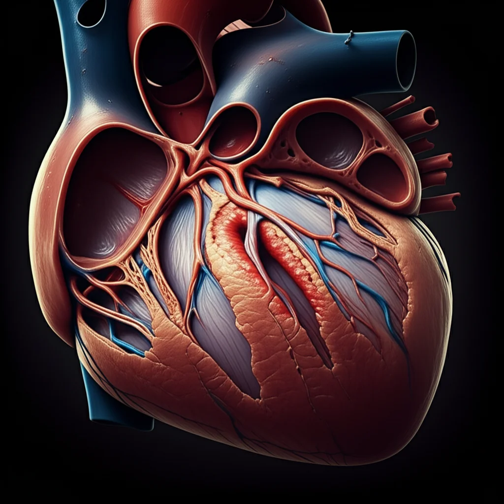 Primo piano di un cuore umano anatomico con focus sulla valvola aortica infiammata, illuminazione drammatica stile film noir, obiettivo prime 35mm, profondità di campo ridotta per isolare la patologia.