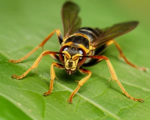 Primo piano macro di una vespa parassita Cotesia congregata mentre depone le uova in un bruco di Manduca sexta. Obiettivo macro 105mm, alta definizione, messa a fuoco precisa sulla vespa e sul punto di iniezione, illuminazione controllata per evidenziare i dettagli dell'insetto e del bruco verde.