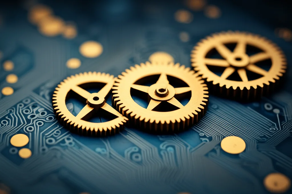 Un cervello stilizzato composto da ingranaggi e connessioni luminose, a simboleggiare il processo decisionale complesso, con un focus selettivo su una coppia specifica di ingranaggi interbloccati (parametro-oggetto). Macro lens, 100mm, high detail, precise focusing, illuminazione drammatica con toni blu e oro.