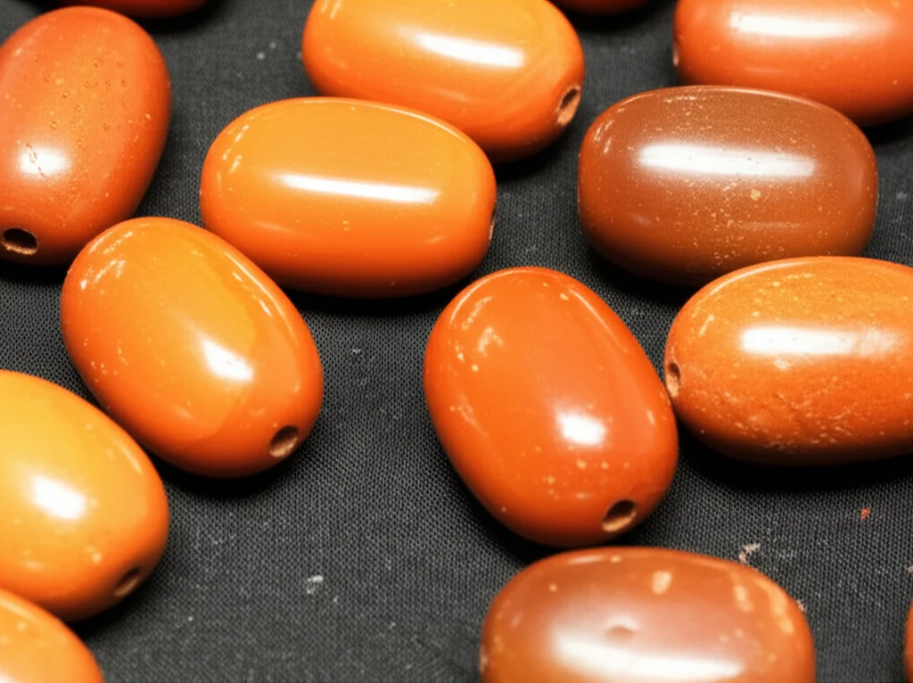 Una collezione di antiche perle di corniola nubiana, macro lens, 105mm, alta definizione, illuminazione controllata per esaltare i colori rosso-arancio e le diverse forme, alcune con fori di perforazione visibili, disposte su un tessuto scuro e testurizzato che evoca un contesto archeologico.