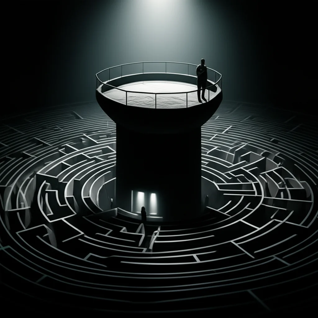 Una rappresentazione concettuale del 'policy panopticon': una torre di controllo centrale stilizzata, illuminata, che osserva dall'alto un labirinto di processi decisionali politici bui e complessi, con figure umane appena visibili. Illuminazione drammatica, obiettivo grandangolare 10mm per enfatizzare la scala, atmosfera da film noir.