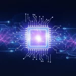 Un'immagine astratta e futuristica che rappresenta l'intelligenza artificiale che analizza onde cerebrali e biosegnali. Linee di dati luminose e interconnesse fluiscono verso un nucleo centrale che simboleggia l'IA. Utilizzare un obiettivo prime da 35mm con profondità di campo per mettere a fuoco il nucleo centrale, con colori duotone blu e viola per un effetto tecnologico e misterioso.