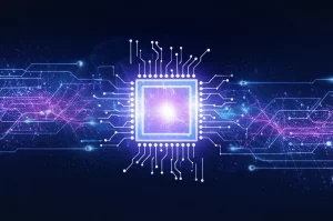Un'immagine astratta e futuristica che rappresenta l'intelligenza artificiale che analizza onde cerebrali e biosegnali. Linee di dati luminose e interconnesse fluiscono verso un nucleo centrale che simboleggia l'IA. Utilizzare un obiettivo prime da 35mm con profondità di campo per mettere a fuoco il nucleo centrale, con colori duotone blu e viola per un effetto tecnologico e misterioso.