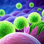 Visualizzazione artistica e scientifica dell'intestino umano a livello cellulare, con focus sulla mucosa. Si vedono cellule epiteliali danneggiate e in via di riparazione, con molecole di PYY (rappresentate come piccole sfere luminose verdi) che interagiscono con i recettori cellulari e promuovono la guarigione. Sfondo con tonalità blu e viola per rappresentare l'ambiente interno, profondità di campo, obiettivo 35mm per un'immagine d'impatto e fotorealistica.