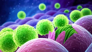 Visualizzazione artistica e scientifica dell'intestino umano a livello cellulare, con focus sulla mucosa. Si vedono cellule epiteliali danneggiate e in via di riparazione, con molecole di PYY (rappresentate come piccole sfere luminose verdi) che interagiscono con i recettori cellulari e promuovono la guarigione. Sfondo con tonalità blu e viola per rappresentare l'ambiente interno, profondità di campo, obiettivo 35mm per un'immagine d'impatto e fotorealistica.