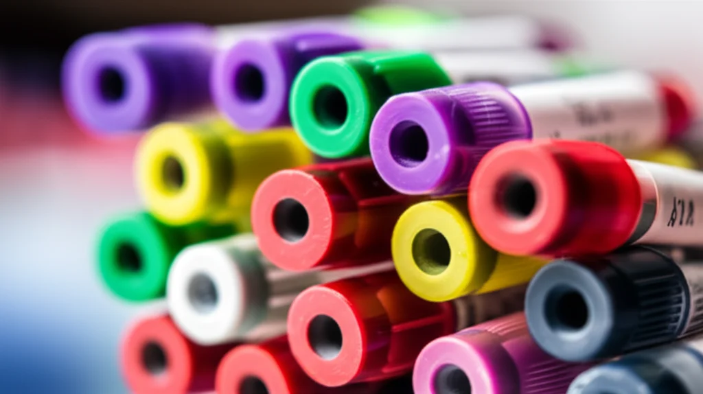 A close-up, high-detail photorealistic image of a stack of different colored blood collection tubes in a laboratory setting. The image uses a 60mm macro lens with precise focusing and controlled lighting to highlight the textures and labels of the tubes, symbolizing the critical pre-analytical variables studied.