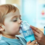Fotografia di un bambino piccolo (circa 4 anni) che respira tranquillamente attraverso una maschera nebulizzatrice tenuta delicatamente da un'infermiera in un ambiente ospedaliero pediatrico luminoso e accogliente. Obiettivo prime 50mm, profondità di campo ridotta per mettere a fuoco il bambino e l'infermiera, sfondo sfocato con colori pastello. Luce naturale morbida da una finestra.