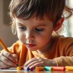 Fotografia stile ritratto di un bambino concentrato mentre disegna con pastelli colorati, luce soffusa da una finestra laterale, profondità di campo ridotta che sfoca lo sfondo, obiettivo 50mm, colori caldi e rassicuranti.