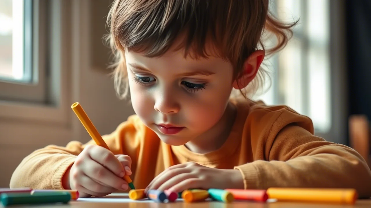 Fotografia stile ritratto di un bambino concentrato mentre disegna con pastelli colorati, luce soffusa da una finestra laterale, profondità di campo ridotta che sfoca lo sfondo, obiettivo 50mm, colori caldi e rassicuranti.