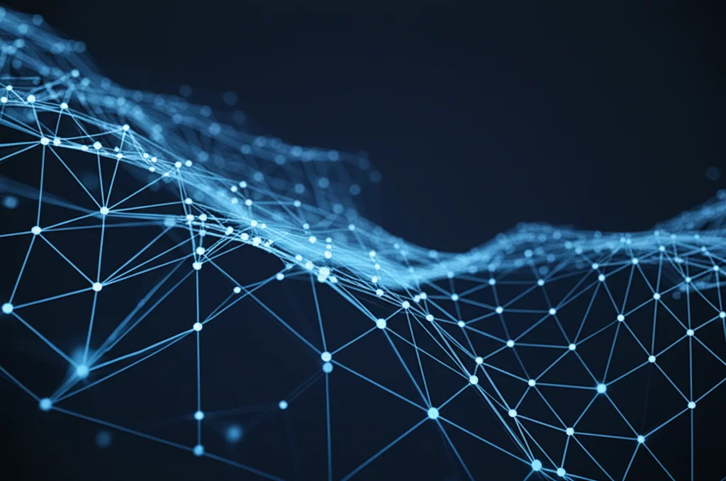 Immagine astratta e futuristica che rappresenta un algoritmo di ottimizzazione globale al lavoro, con nodi luminosi interconnessi che formano una rete complessa su uno sfondo scuro, simboleggiando la ricerca della soluzione ottimale. Prime lens, 35mm, duotone blu e argento, profondità di campo.
