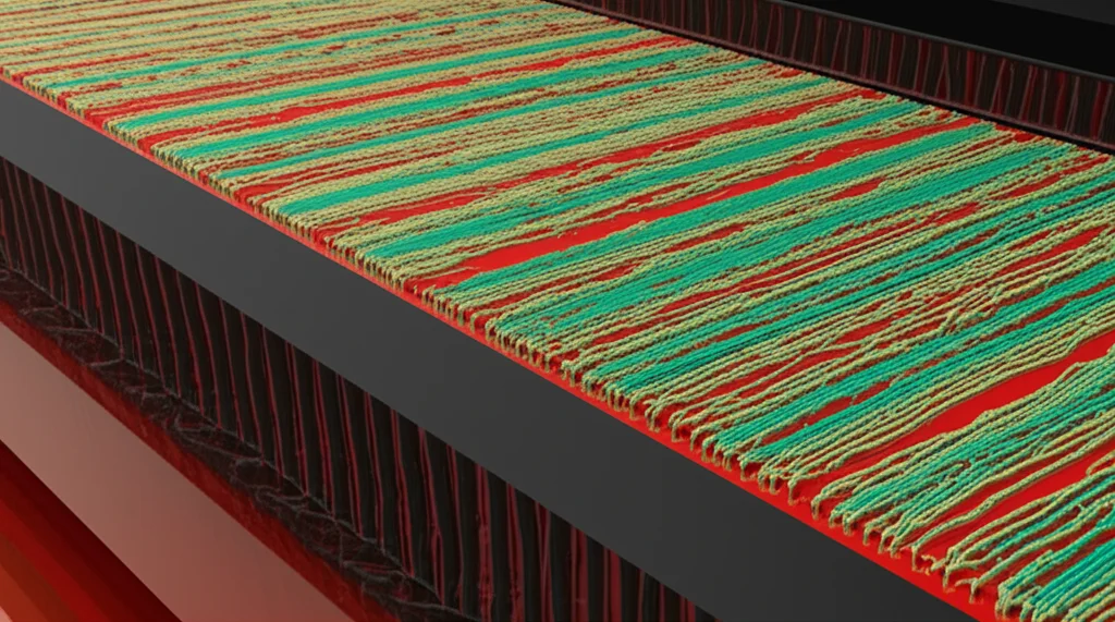 Immagine concettuale di una struttura nanoscopica di Lu2FeMnO6 funzionalizzata con nanotubi di carbonio, visualizzata al microscopio elettronico, high detail, 100mm macro lens, con enfasi sulla complessa architettura tridimensionale e sull'interazione tra i materiali per l'accumulo di energia elettrochimica. L'illuminazione è controllata per evidenziare le texture e i dettagli superficiali.