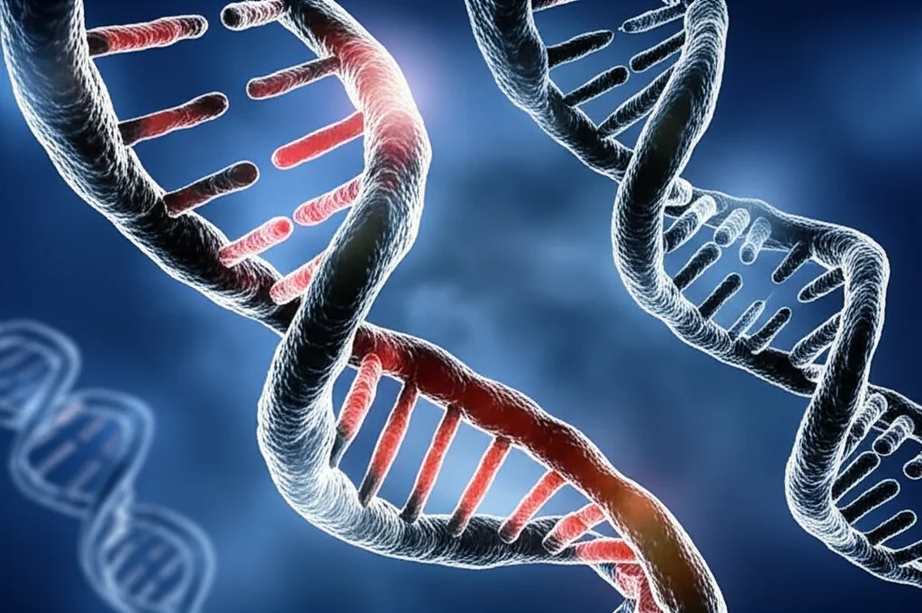 Immagine concettuale fotorealistica che illustra l'interazione tra il DNA mitocondriale (rappresentato come una piccola elica circolare con alcune sezioni evidenziate in rosso per indicare mutazioni) e il DNA nucleare (una grande doppia elica sullo sfondo). Alcuni geni specifici sul DNA nucleare sono illuminati, simboleggiando i geni modificatori. L'ambientazione è astratta ma richiama l'interno di una cellula, con luci soffuse e un obiettivo prime 35mm con profondità di campo per mettere a fuoco l'interazione tra i due tipi di DNA.