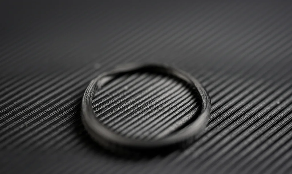 Immagine fotorealistica di una lastra sottile di composito nero PA12/CNT stampata in 3D con un taglio laser netto e preciso al centro, messa a fuoco sulla qualità del bordo tagliato (kerf), illuminazione da studio controllata per esaltare la finitura superficiale, obiettivo macro 85mm, alta definizione dei dettagli.