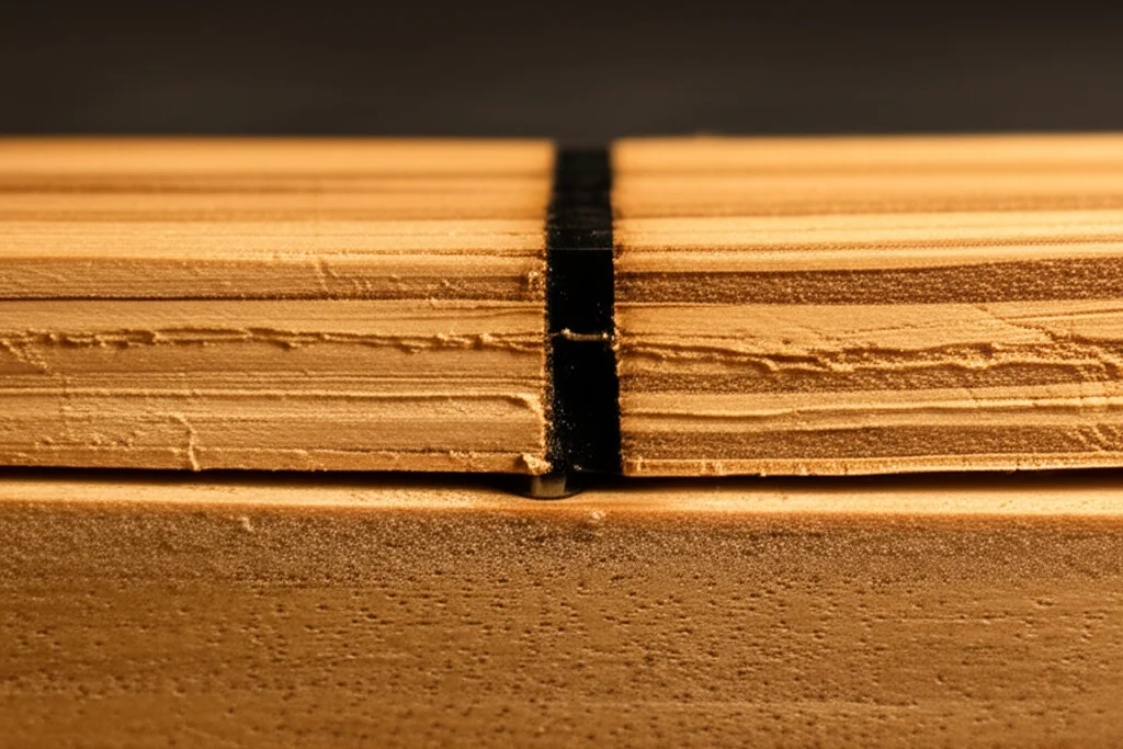 Immagine fotorealistica ravvicinata, lenti macro 60mm, di due pezzi di giovane legno di Anadenanthera Peregrina che vengono premuti insieme dopo l'applicazione adesiva, mostrando la linea di colla, l'alto dettaglio, l'illuminazione controllata che enfatizza la consistenza del legno e lo strato adesivo.
