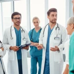 Un team medico multietnico e intergenerazionale, composto da medici e infermieri, collabora sorridendo durante un briefing in una sala riunioni ospedaliera moderna e luminosa. Utilizzare un prime lens da 35mm, con profondità di campo per mettere a fuoco il gruppo, mantenendo lo sfondo leggermente sfocato. Illuminazione naturale che entra da una grande finestra, creando un'atmosfera positiva e professionale.