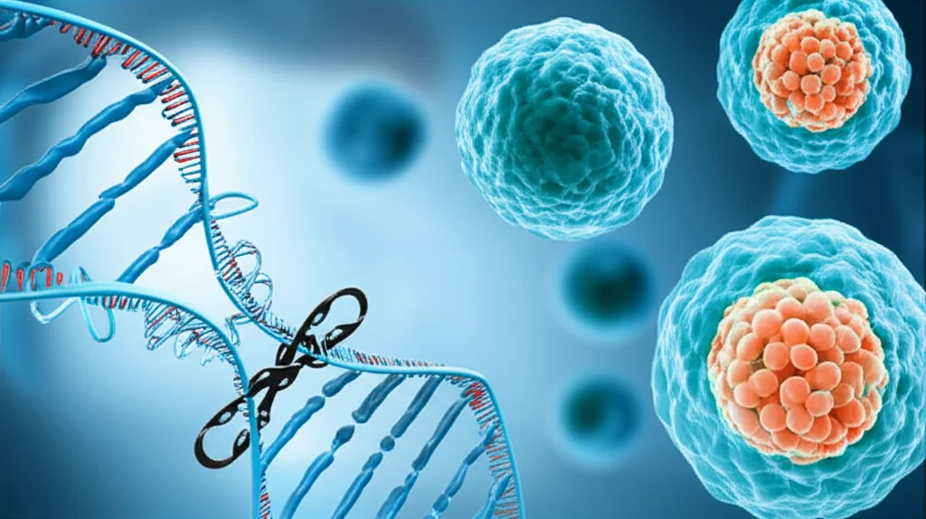 Visualizzazione artistica del processo di editing genetico CRISPR-Cas su cellule staminali pluripotenti umane, con focus sul DNA a doppia elica modificato e sulle cellule differenziate risultanti (epatociti poligonali e isole pancreatiche sferiche). Obiettivo macro 80mm, alta definizione, illuminazione controllata, sfondo sfocato per profondità di campo.
