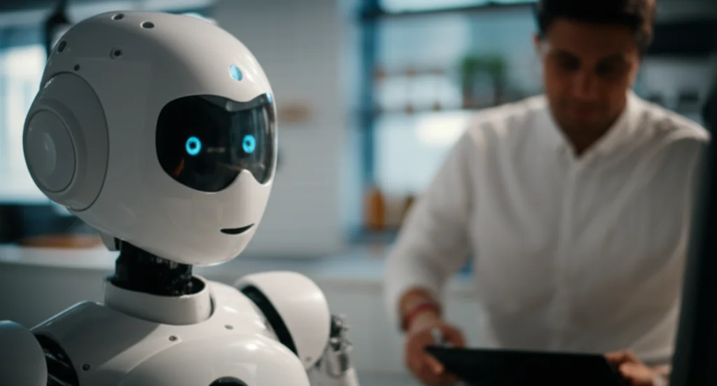 A detailed view of a robot and a human working near each other in a kitchen environment, macro lens 60mm, high detail, precise focusing, controlled lighting, depicting a coexistence scenario.