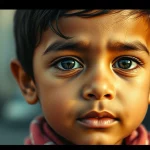 A poignant portrait of a young Yemeni child, 35mm portrait lens, with a subtle, abstract background suggesting both genetic code and urban environment, depth of field.