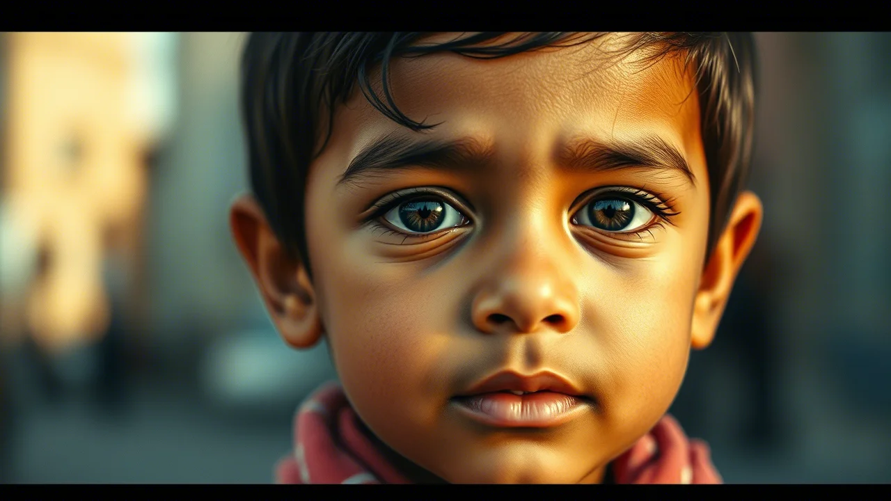 A poignant portrait of a young Yemeni child, 35mm portrait lens, with a subtle, abstract background suggesting both genetic code and urban environment, depth of field.