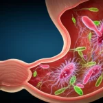 Artistic, photorealistic macro view (60mm lens) inside a stylized human stomach, showcasing a diverse and complex network of glowing microorganisms. High detail, precise focusing, and controlled, slightly dim lighting to create a sense of depth and mystery within the gastric environment.