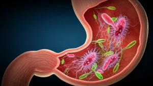 Artistic, photorealistic macro view (60mm lens) inside a stylized human stomach, showcasing a diverse and complex network of glowing microorganisms. High detail, precise focusing, and controlled, slightly dim lighting to create a sense of depth and mystery within the gastric environment.