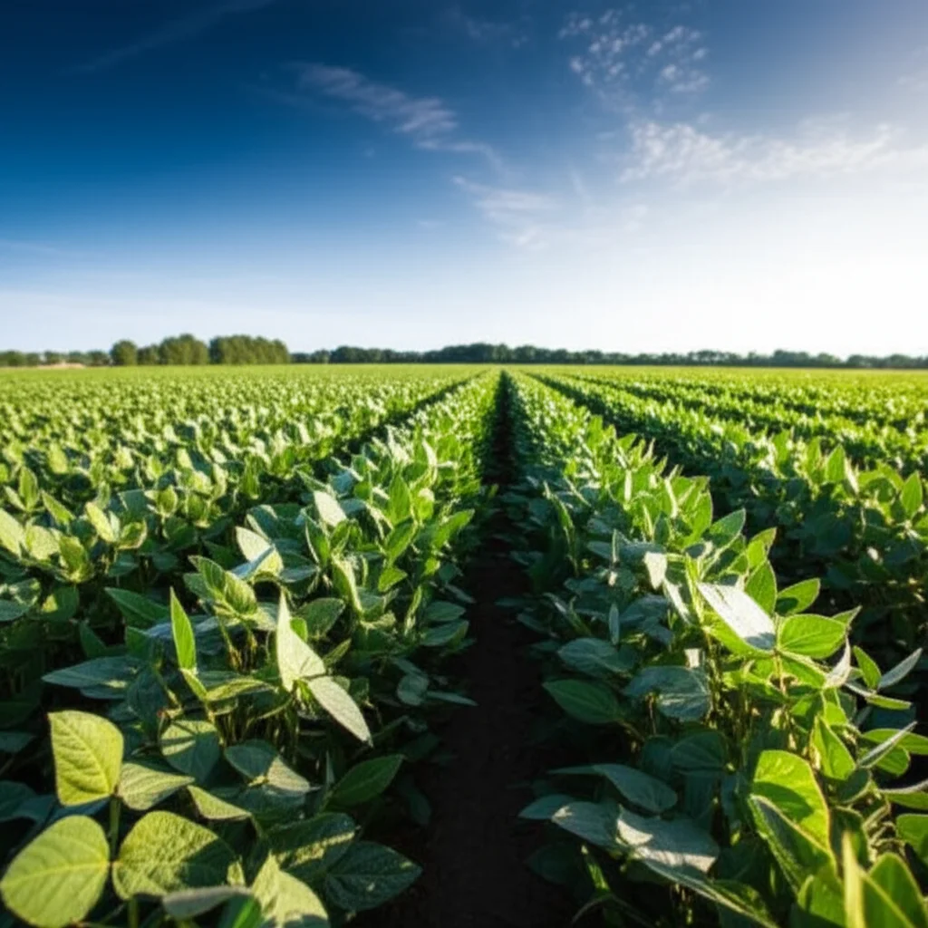Campo di soia verde e lussureggiante sotto un cielo azzurro parzialmente nuvoloso. Obiettivo grandangolare, 18mm, per una vista panoramica del campo, messa a fuoco nitida su tutta la scena, luce solare diretta che illumina le foglie delle piante in primo piano.