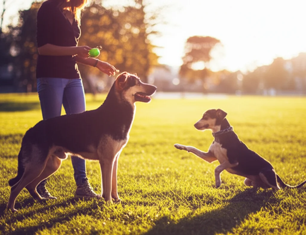 Due cani di taglie diverse, uno dall'aria più assertiva (dominante) e l'altro più remissivo (sottomesso), osservano il loro proprietario che sta per lanciare una palla in un parco. L'immagine cattura la dinamica di attenzione verso il proprietario. Obiettivo prime, 35mm, profondità di campo per mantenere a fuoco i cani e il proprietario sullo sfondo, luce naturale dorata del tardo pomeriggio.