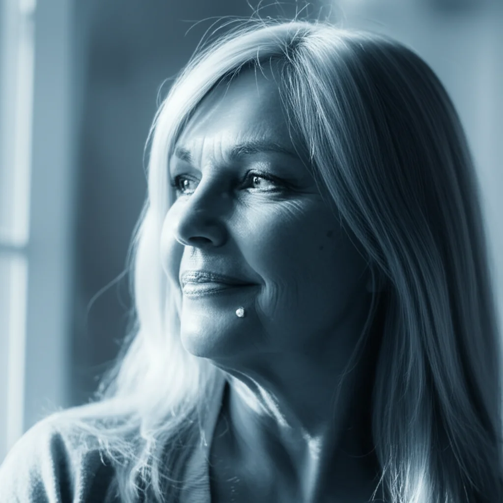 Fotografia di una persona dall'aspetto sollevato e pensieroso che guarda fuori da una finestra, la luce del giorno illumina il suo viso. Simboleggia il sollievo dopo aver ricevuto notizie rassicuranti sulla salute del cervello post-COVID. Obiettivo prime, 35mm, duotone blu e grigio per un'atmosfera calma e riflessiva, profondità di campo.