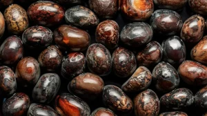 Fotografia macro ad altissima definizione di calcoli biliari intramurali, alcuni di pigmento nero e altri di colesterolo giallastro, incastonati delicatamente nella parete interna di una cistifellea aperta chirurgicamente. Illuminazione da studio controllata per massimizzare i dettagli e la texture dei calcoli e del tessuto circostante, obiettivo macro 105mm, messa a fuoco precisa.
