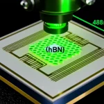 Illustrazione fotorealistica di un setup sperimentale per il sensing quantistico a microonde: un chip con guide d'onda coplanari dorate su un substrato di zaffiro, un fiocco di nitruro di boro esagonale (hBN) al centro, illuminato da un fascio laser verde (488nm) focalizzato da un obiettivo da microscopio. Dettagli macro, 60mm, illuminazione controllata e precisa, con enfasi sulla delicatezza dei componenti e l'interazione luce-materia.