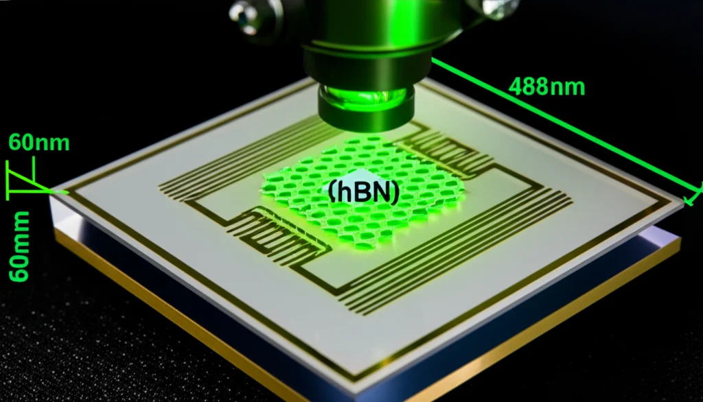Illustrazione fotorealistica di un setup sperimentale per il sensing quantistico a microonde: un chip con guide d'onda coplanari dorate su un substrato di zaffiro, un fiocco di nitruro di boro esagonale (hBN) al centro, illuminato da un fascio laser verde (488nm) focalizzato da un obiettivo da microscopio. Dettagli macro, 60mm, illuminazione controllata e precisa, con enfasi sulla delicatezza dei componenti e l'interazione luce-materia.