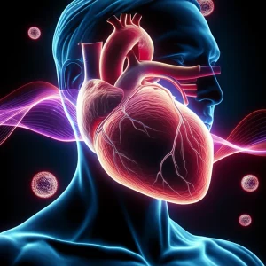 Immagine concettuale artistica di un cuore umano stilizzato con onde luminose che rappresentano il segnale dell'interferone-gamma e piccole sfere che simboleggiano i biomarcatori Myd88 e Trp53. Sfondo scuro con dettagli luminosi, stile cinematografico, lente prime 35mm, profondità di campo.