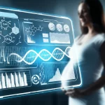 Immagine concettuale di un algoritmo di machine learning che analizza dati medici (grafici di pressione sanguigna, formule chimiche, eliche di DNA stilizzate) su uno schermo futuristico trasparente, con una silhouette sfocata di una donna incinta sullo sfondo. Stile high-tech, colori blu elettrico e bianco, alta definizione, focus selettivo sullo schermo.