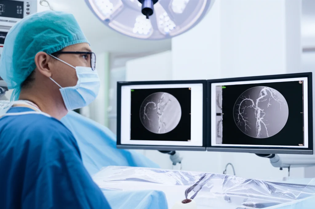 Immagine fotorealistica di un cardiologo interventista in sala di emodinamica che osserva attentamente un'angiografia coronarica su un monitor ad alta definizione. L'angiogramma mostra chiaramente i vasi coronarici con un focus sul microcircolo. L'ambiente è sterile e illuminato da luci chirurgiche. Obiettivo prime, focale 35mm, profondità di campo per mettere a fuoco il monitor e il medico, con leggero sfuocato sullo sfondo. Illuminazione controllata per dettagli nitidi.