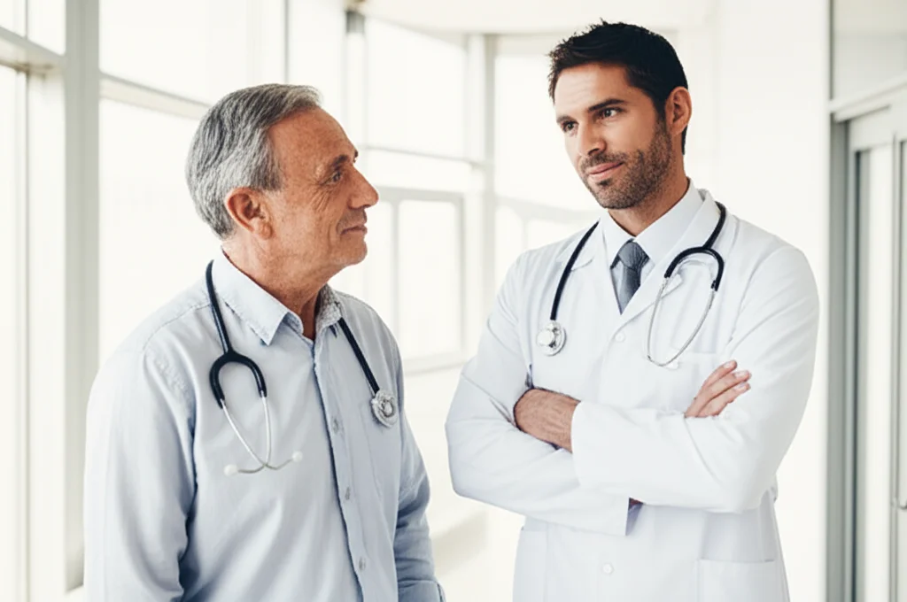 Immagine fotorealistica di un paziente che guarda con fiducia un chirurgo in camice, in un ambiente ospedaliero moderno e pulito. Obiettivo 50mm, luce naturale morbida, espressione rassicurante.