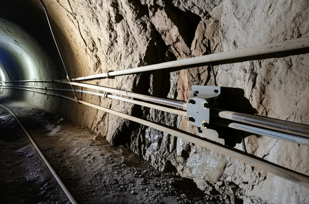 Immagine fotorealistica di una sezione di tunnel in roccia tenere, illuminata da luci di cantiere. In primo piano, un sistema di ancoraggio precompresso con una piastra d'ancoraggio ben visibile, installata contro la superficie irregolare della roccia. Dettagli: Prime lens, 35mm, profondità di campo, illuminazione drammatica per evidenziare la texture della roccia e i componenti metallici dell'ancoraggio.