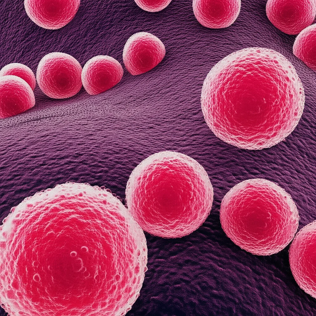Immagine macro fotorealistica di cellule gengivali umane, alcune sane di colore rosa pallido e altre infiammate e rossastre che mostrano i primi segni di apoptosi indotta da parodontite; focus selettivo sulle cellule apoptotiche con dettagli ultradefiniti dei cambiamenti morfologici come il restringimento cellulare e la frammentazione nucleare, illuminazione da studio drammatica laterale per evidenziare le texture tridimensionali, obiettivo macro 105mm, con un leggero duotono blu freddo e magenta caldo per accentuare il contrasto tra cellule sane e malate e il processo patologico in corso.