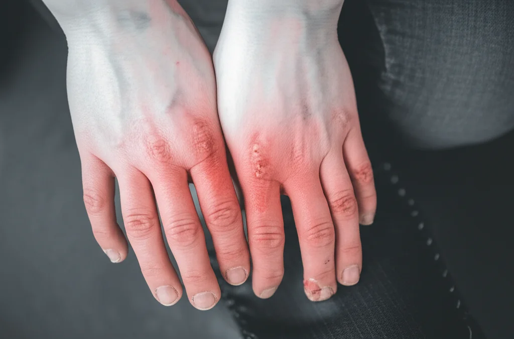 Mani e piedi di una persona che mostrano lesioni cutanee rosse simili a geloni, in un contesto che suggerisce una reazione post-vaccinazione. Fotografia in stile ritratto con obiettivo da 35mm, con un leggero effetto 'depth of field' per mettere a fuoco le lesioni, e una palette di colori duotone rosso e grigio per enfatizzare l'infiammazione e il contesto clinico.