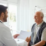 Medico sorridente in camice bianco che consegna una lettera di dimissione stampata da un sistema elettronico a un paziente anziano seduto sul letto in una stanza d'ospedale moderna e luminosa. Fotografia ritratto, obiettivo 35mm, profondità di campo che sfoca leggermente lo sfondo, focus sui volti e sul documento, luce naturale morbida, espressioni di fiducia e cura.