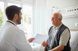 Medico sorridente in camice bianco che consegna una lettera di dimissione stampata da un sistema elettronico a un paziente anziano seduto sul letto in una stanza d'ospedale moderna e luminosa. Fotografia ritratto, obiettivo 35mm, profondità di campo che sfoca leggermente lo sfondo, focus sui volti e sul documento, luce naturale morbida, espressioni di fiducia e cura.