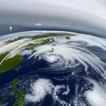 Photorealistic wide-angle landscape, 15mm lens, vista panoramica sull'Asia Orientale con nuvole monsoniche vorticose. Sovrapposte alle nuvole ci sono sottili frecce vettoriali luminose (che rappresentano l'MVP) e archi angolari (che rappresentano il DA), che simboleggiano la nuova tecnica di misurazione. Messa a fuoco nitida, illuminazione drammatica.