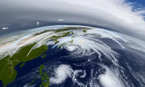 Photorealistic wide-angle landscape, 15mm lens, vista panoramica sull'Asia Orientale con nuvole monsoniche vorticose. Sovrapposte alle nuvole ci sono sottili frecce vettoriali luminose (che rappresentano l'MVP) e archi angolari (che rappresentano il DA), che simboleggiano la nuova tecnica di misurazione. Messa a fuoco nitida, illuminazione drammatica.