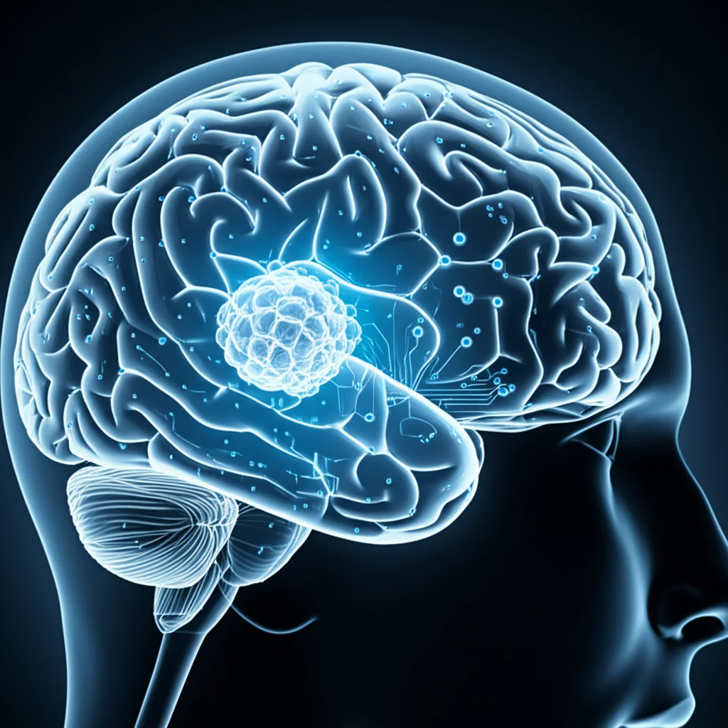 Primo piano di un cervello umano stilizzato fatto di circuiti luminosi blu e grigi, con un'area evidenziata che rappresenta un tumore segmentato con precisione dall'intelligenza artificiale, lente prime 35mm, profondità di campo, stile duotone blu e grigio.