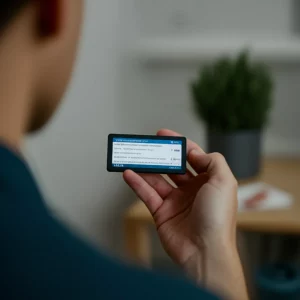 Primo piano di un sensore radar a onde millimetriche IWR1843BOOST posizionato discretamente su un mobile in un salotto smart home. Sullo sfondo sfocato, una persona compie un gesto con la mano. Illuminazione d'atmosfera, obiettivo prime 50mm, profondità di campo, alta definizione.