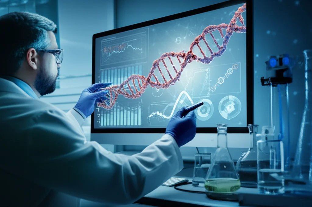 Ricercatore in un moderno laboratorio di genomica che osserva uno schermo olografico fluttuante che mostra complesse strutture di DNA, firme mutazionali colorate (rosso per SBS4, verde per SBS13) e grafici di sopravvivenza relativi al cancro al polmone a piccole cellule (SCLC). Illuminazione high-tech, obiettivo prime 35mm, profondità di campo, toni blu e argento duotone.