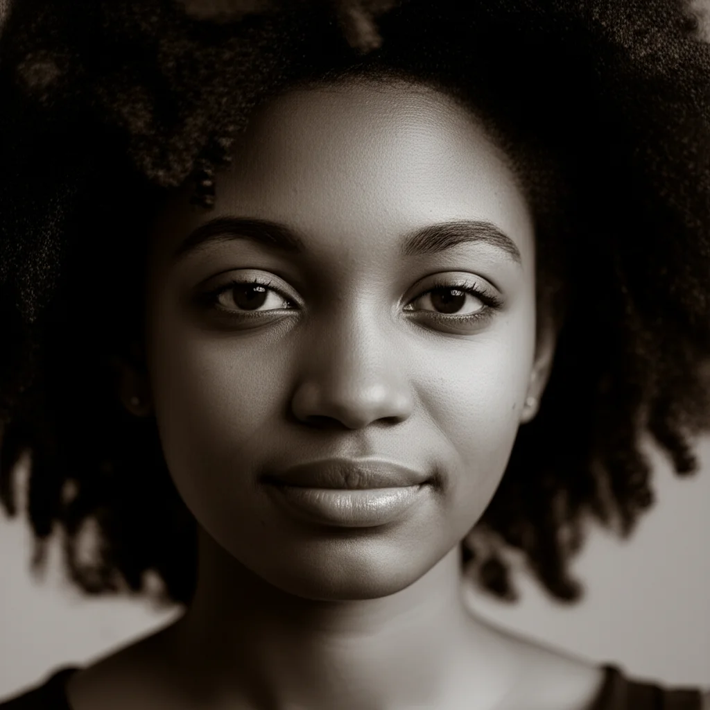 Ritratto fotografico toccante, obiettivo 35mm, toni duotone seppia e grigio, che mostra il volto pensieroso di una giovane donna afroamericana, rappresentando l'impatto duraturo delle esperienze infantili avverse legate a povertà e discriminazione.