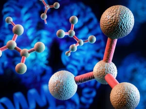 Visualizzazione artistica di percorsi metabolici complessi con molecole stilizzate e connessioni luminose, che simboleggiano la ricerca sulla deficienza di citrina e il machine learning, obiettivo macro 100mm, high detail, controlled lighting.