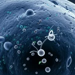 Visualizzazione artistica e fotorealistica del cervello umano con evidenziate le interazioni tra cellule immunitarie, metaboliti e cellule tumorali del glioma, utilizzando una palette di colori duotone blu e grigio scuro, obiettivo 35mm per un effetto cinematografico, Depth of field.