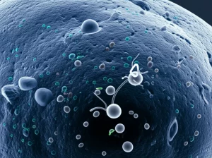 Visualizzazione artistica e fotorealistica del cervello umano con evidenziate le interazioni tra cellule immunitarie, metaboliti e cellule tumorali del glioma, utilizzando una palette di colori duotone blu e grigio scuro, obiettivo 35mm per un effetto cinematografico, Depth of field.