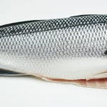 Fotografia macro di un filetto di branzino fresco su un piano di lavoro pulito, illuminazione controllata e alta definizione per evidenziare la texture della carne e la pelle argentata, obiettivo macro 100mm.